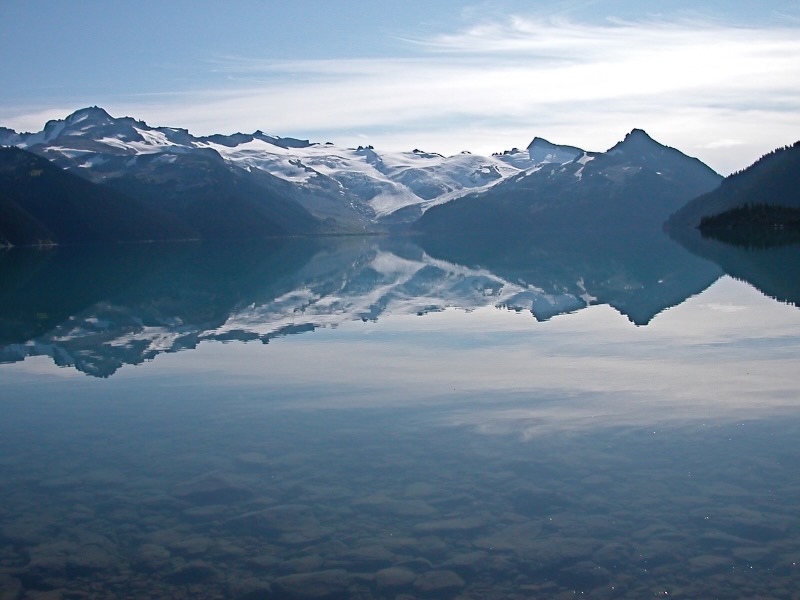 reflecting lake and snowy mountains