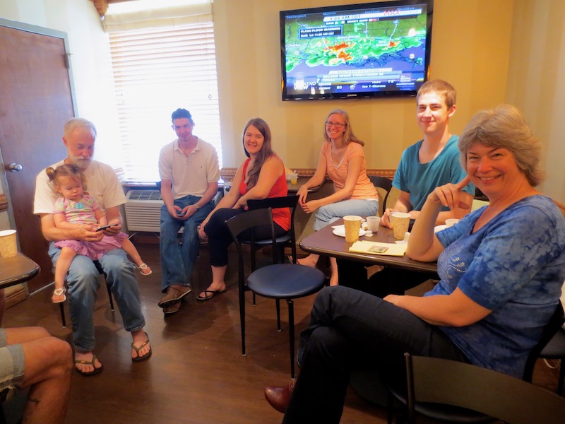 Family at hotel common room