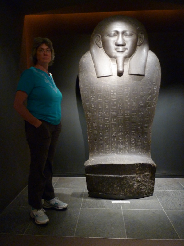 Upright Egyptian sarcophagus with heiroglyphics