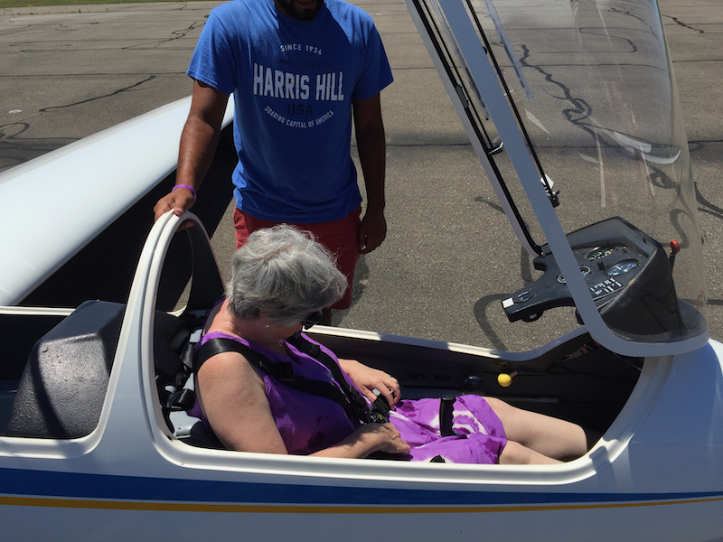 Melanie getting settled in the glider front seat