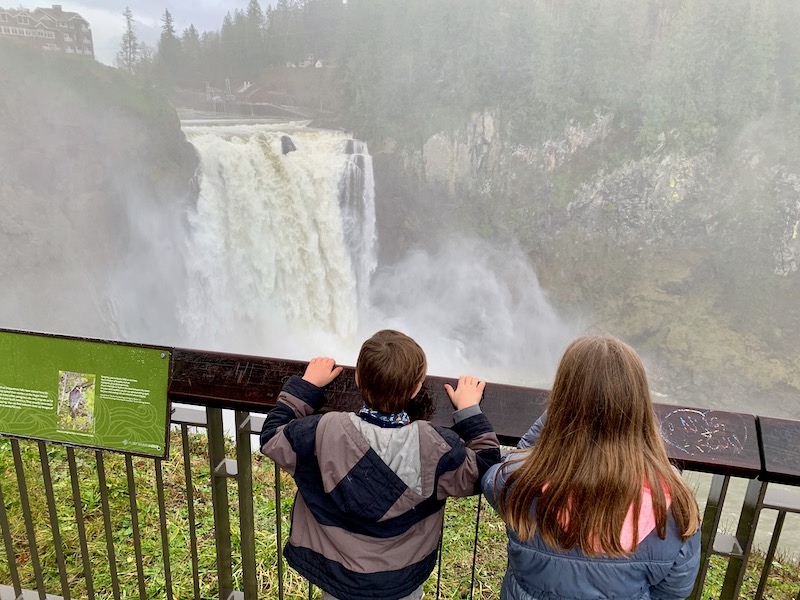 two kids looking down at a waterfall and mist