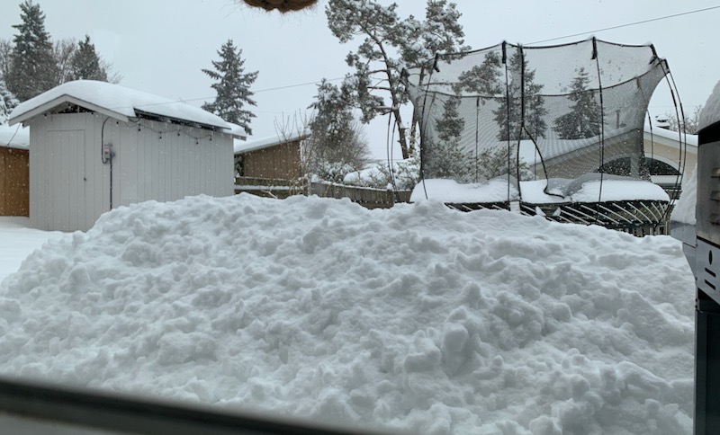A big pile of snow outside the window on to the back yard