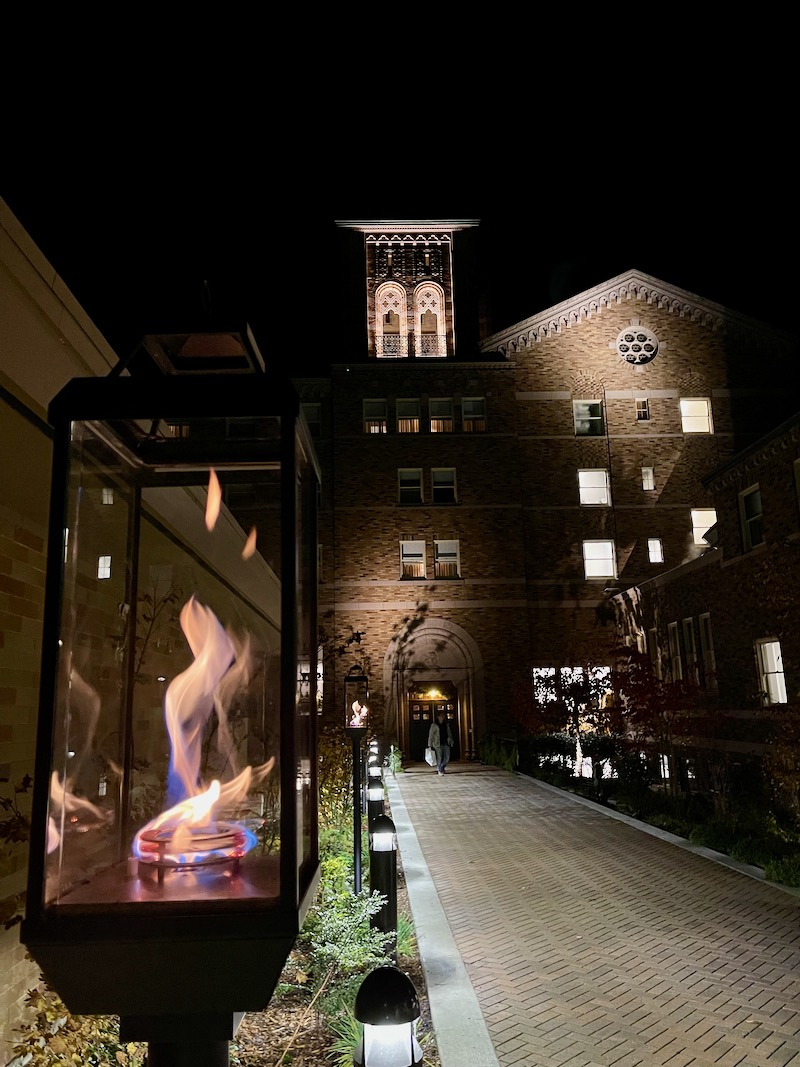 building outside lit at night