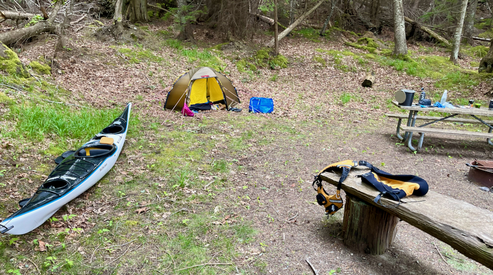 boat, tent and supplies in clearing
