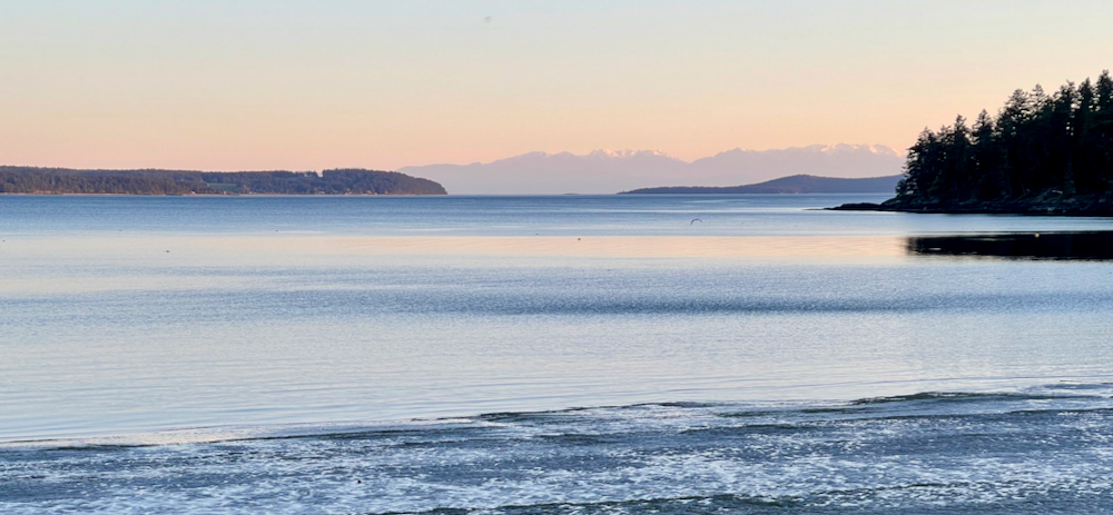 mountains in sunset through island gap