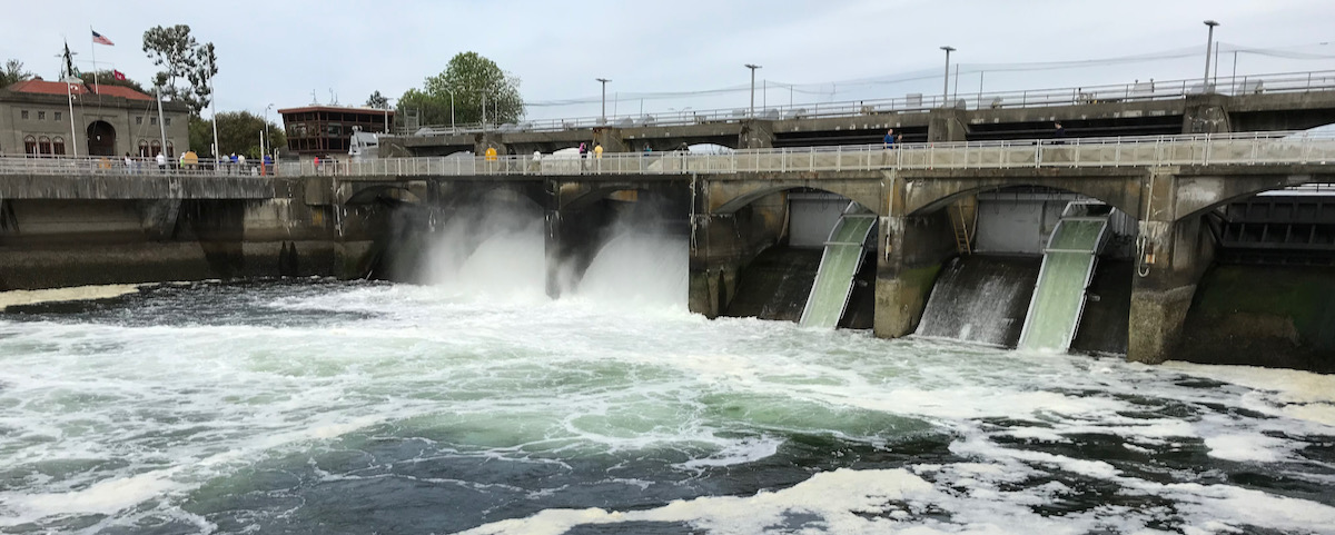 Water flowing over spillways