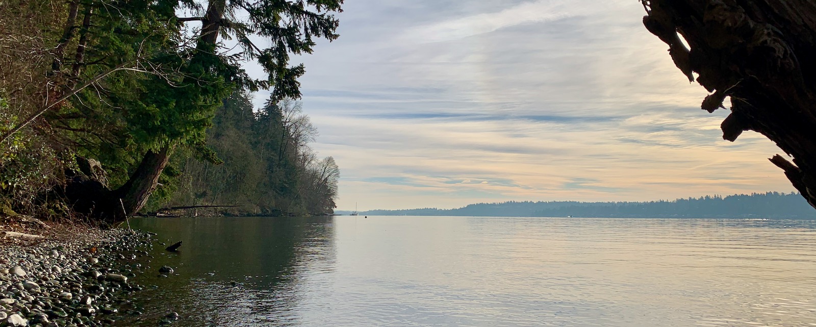 Rocky beach and trees framing lake