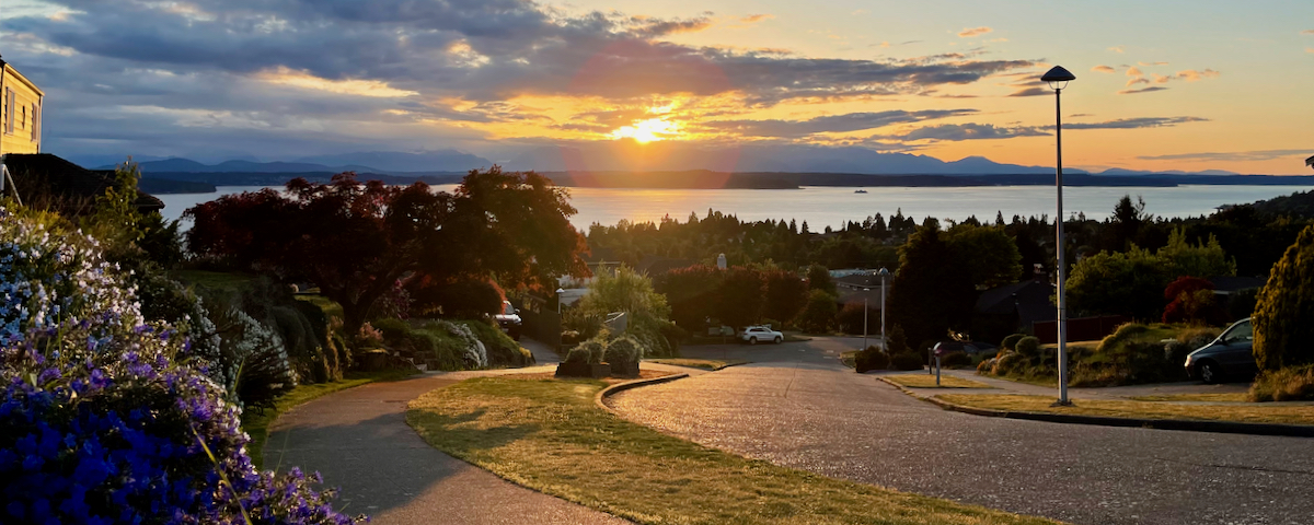 sunset over water and a neighborhood