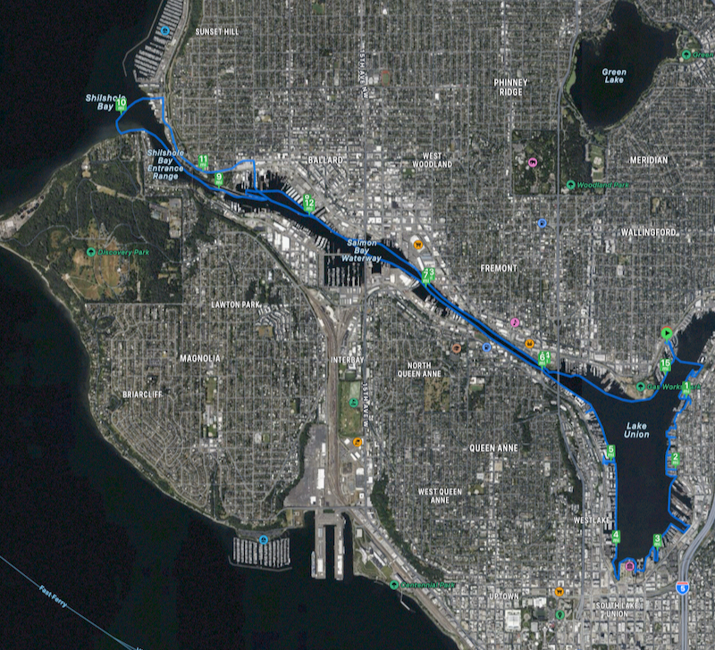 track loop of Lake Union through Ballard Locks